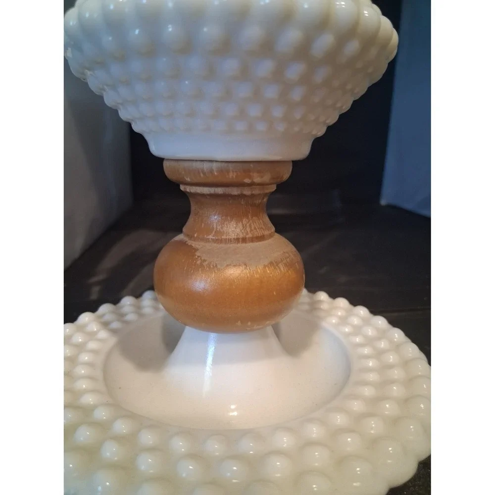 Vintage Hobnail Milk Glass Table Lamp White Wood Base Mid Century Modern Decor